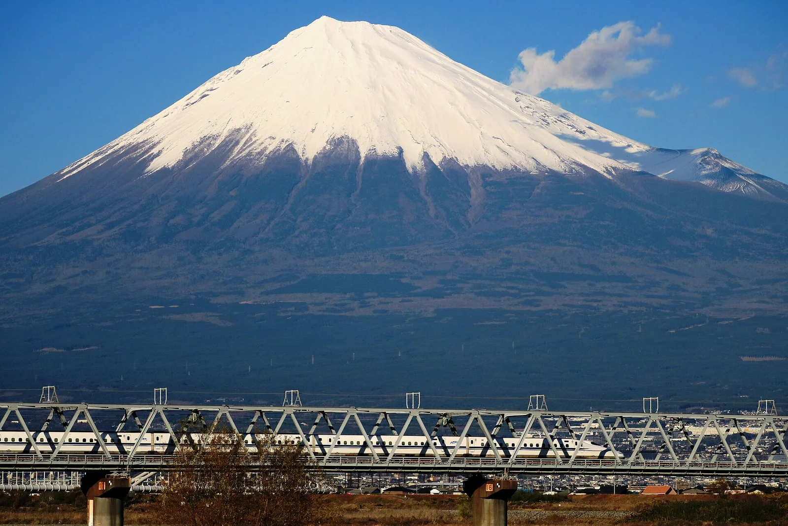 Trem Shinkansen diante do Monte Fuji, no Japão.